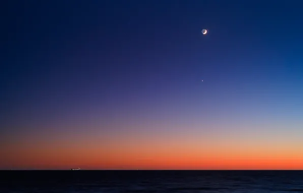 Picture sunrise, the ocean, ship, The moon, horizon, Venus, twilight, Regul