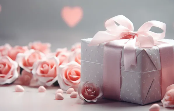 Flowers, holiday, gift, heart, roses, pink, grey, placer