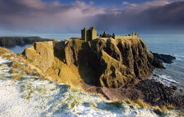 Picture the sky, snow, clouds, rock, stones, shore, North sea, Scotland