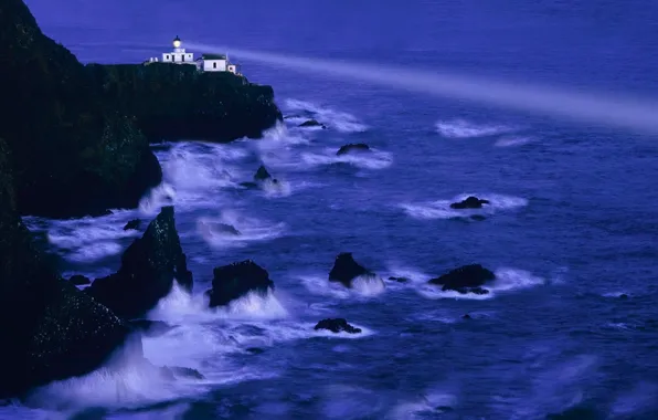 Wave, lighthouse, Rocks