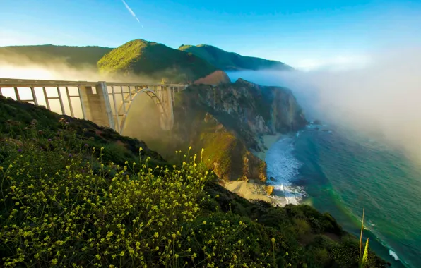 Sea, the sky, bridge, fog, rocks, coast, CA, USA