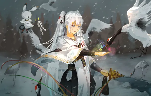 Girl, angel, anime, art, vocaloid, hatsune miku, cranes, yuki miku