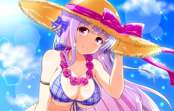 Girl, sexy, cleavage, pink hair, long hair, hat, boobs, anime