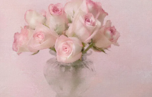 Picture flowers, roses, bouquet, texture, vase, pink