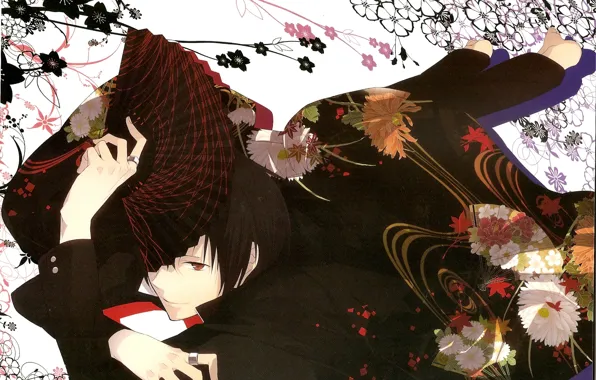 Picture look, flowers, smile, fan, guy, Durarara!, Durarara!, Izaya Orihara