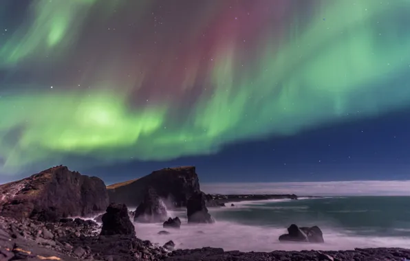 The sky, stars, rocks, Northern lights, Iceland