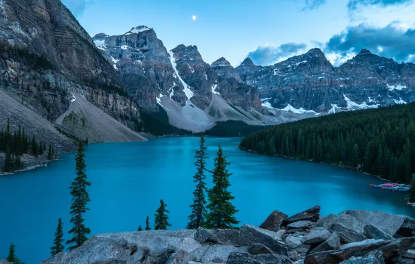 Forest, mountains, lake, blue, Canada, Albert, Moraine