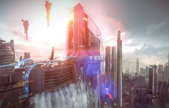 Light, the city, waterfall, home, megapolis, Killzone Shadow Fall