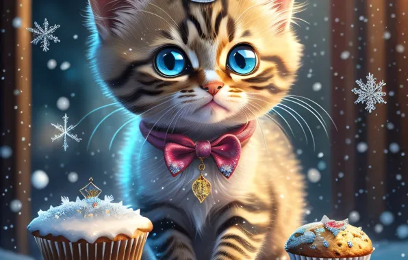 Winter, cat, eyes, cat, look, snow, snowflakes, style