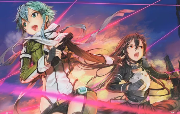 Anime, art, Sword art online, Kirito, Sinon