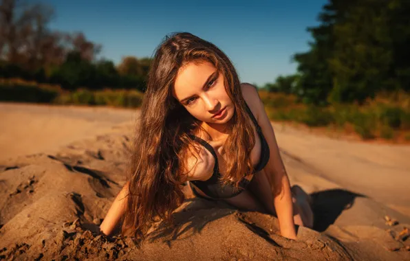 Sand, girl, face, pose, long hair, Mikhail Pershin