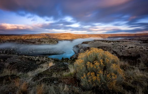 Picture the sky, grass, clouds, landscape, mountains, nature, fog, river