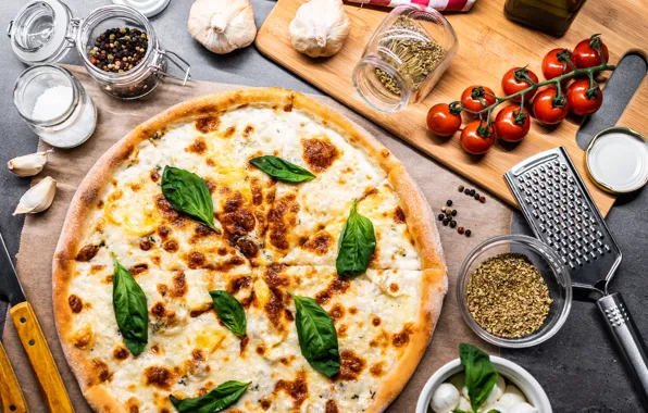 Cheese, pizza, tomatoes, spices, Basil
