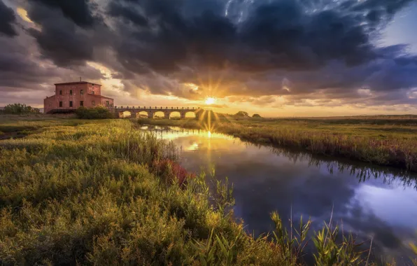 The sky, rays, sunset, bridge, house, river
