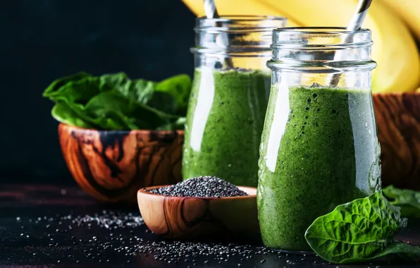 Greens, seeds, glasses, juice, fresh, smoothies, spinach, freshly prepared