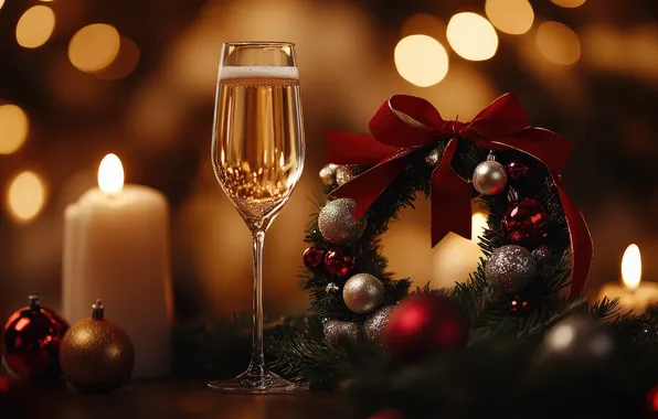 Balls, lights, table, wine, glass, candle, Christmas, New year