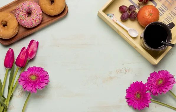 Flowers, Breakfast, tulips, gerbera, pink, flowers, tulips, coffee cup