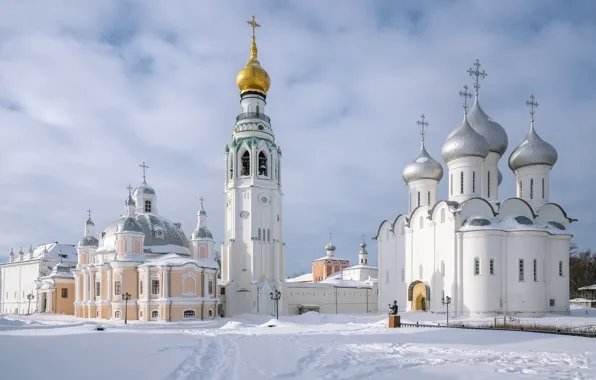 Winter, snow, the city, temple, The Kremlin, Vologda