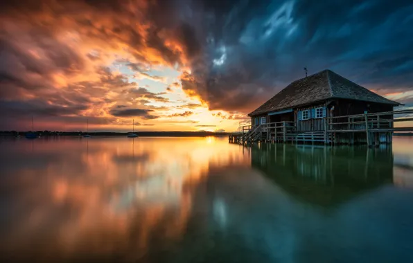 Picture sunset, lake, house