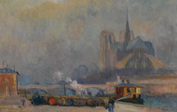 Picture, the urban landscape, Albert Charles Lebar, The Notre Dame Cathedral. View of the Waterfront …