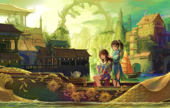 Picture water, girl, the city, boat, kettle, Cup, anime, art