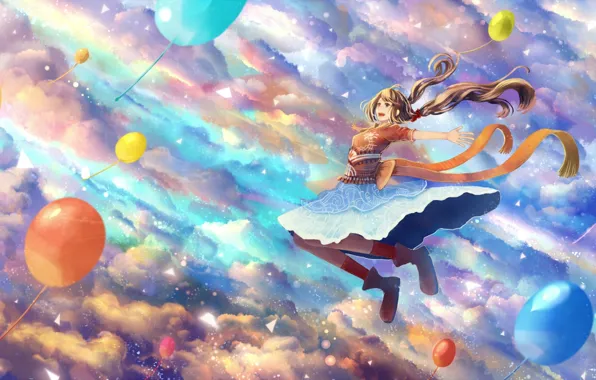 The sky, girl, clouds, balls, joy, anime, art, bounin