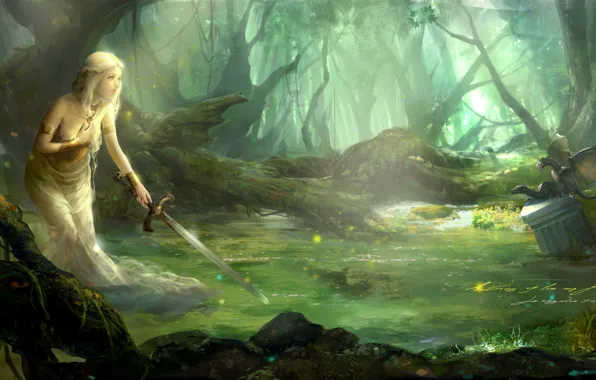 Forest, water, girl, dragons, sword, art, A Song of Ice and Fire, lu xiangxiang
