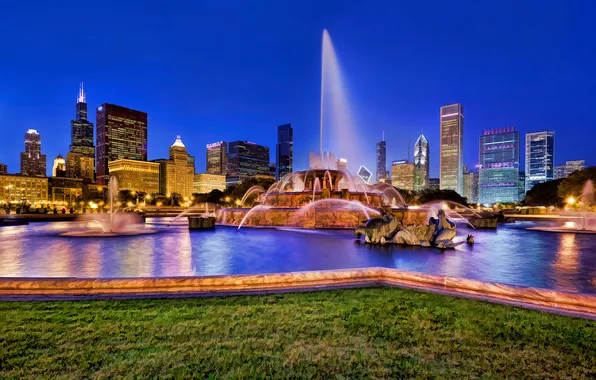 Night, lights, skyscraper, home, fountain, Chicago, USA