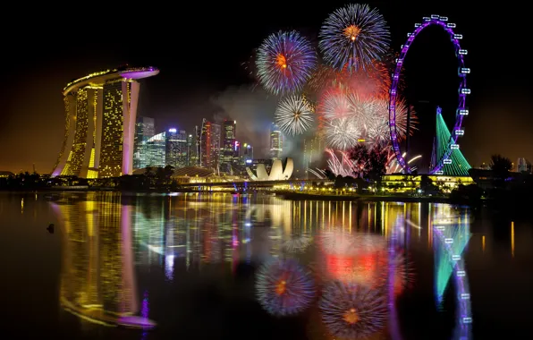 Night, city, the city, holiday, salute, Singapore, fireworks, Singapore