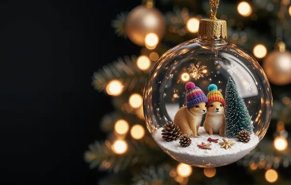 Snow, lights, transparent, the dark background, glass, ball, animals, Christmas