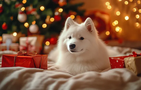 Look, lights, dog, Christmas, gifts, puppy, New year, lies