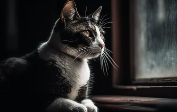 Cat, cat, mustache, look, light, rain, portrait, window