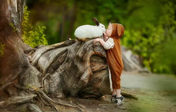 Picture kiss, boy, rabbit, baby, friendship, snag, friends, jumpsuit