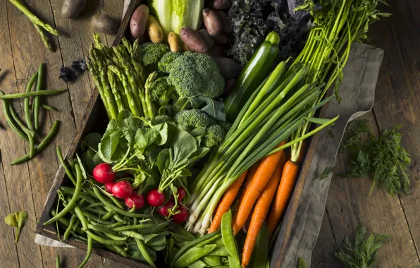 Greens, Board, harvest, bow, peas, placer, box, vegetables