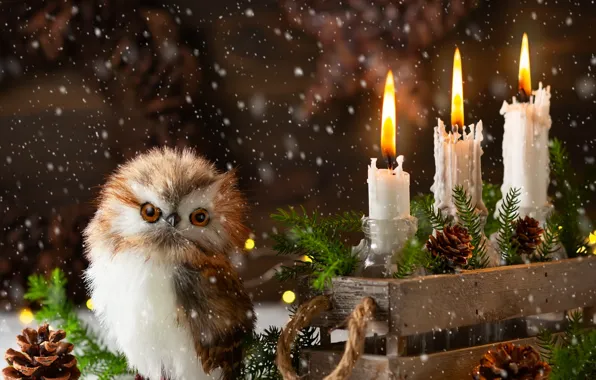 New year, candles, garland, bumps, owlet, spruce branches, comosite, Svetlana Kolpakova