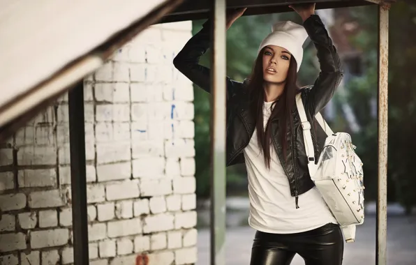Girl, leather, handbag, cap
