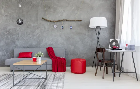 Red, grey, sofa, interior, silk, House