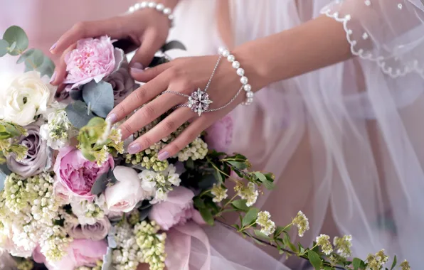 Bouquet, hands, pearl, decoration, bracelets