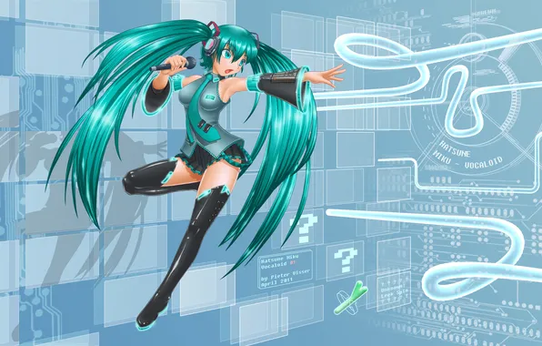 Picture girl, shadow, microphone, vocaloid, hatsune miku, gesture, Vocaloid, art