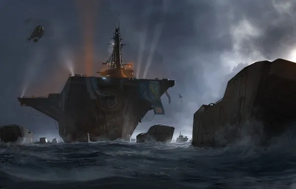 Picture sea, ships, art, helicopter, the carrier, MotorStorm: Apocalypse