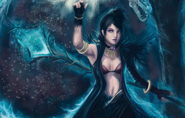 Picture look, girl, magic, dragon, staff, gesture, Morrigan, art