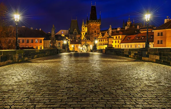 Picture light, night, the city, pavers, Prague, Czech Republic, lighting, lights