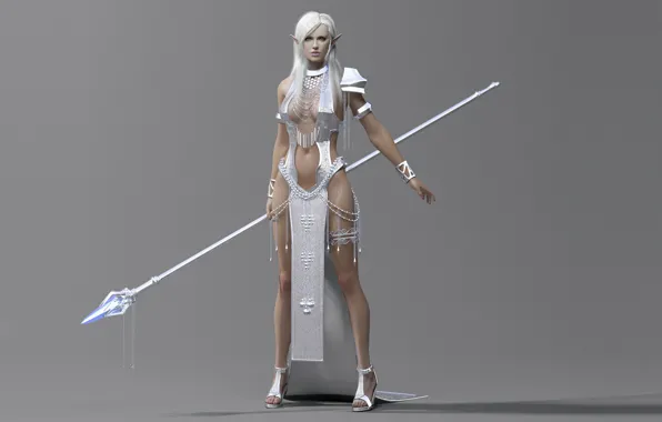 Decoration, silver, Girl, staff, grey background, pointy ears
