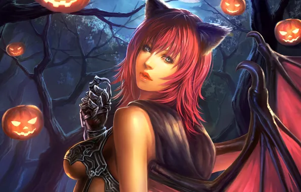 Picture trees, night, the moon, Girl, wings, pumpkin, ears, succubus