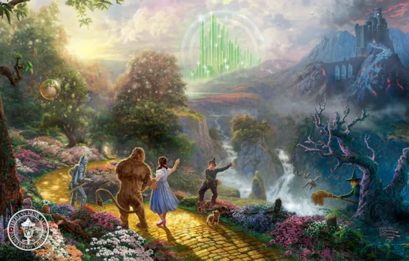 Picture castle, the film, cartoon, fantasy, painting, dog, characters, Thomas Kinkade