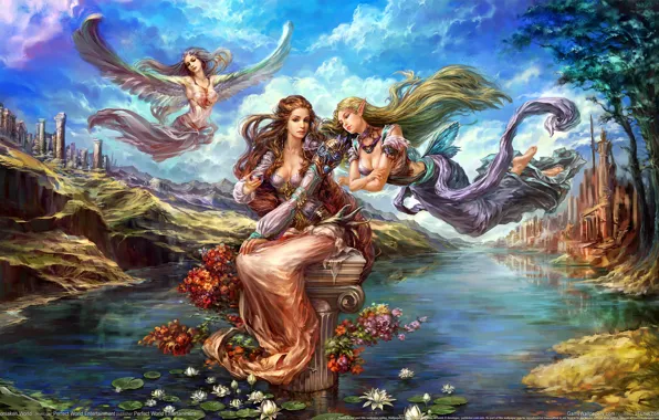 Flowers, pond, girls, elf, wings, fairy, Lotus, forsaken world