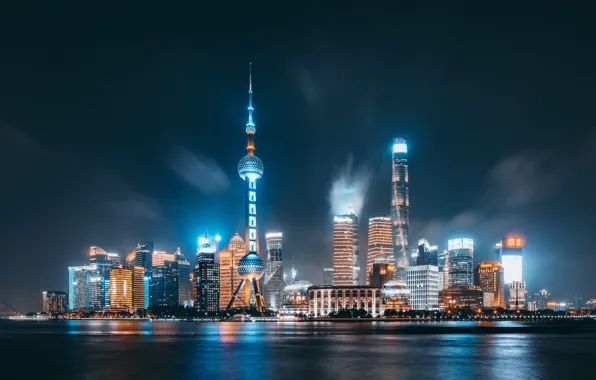 Night, the city, lights, building, skyscrapers, China, tower, Shanghai