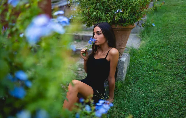 Girl, flowers, pose, dress, Marco Squassina, Elisa Moscatelli