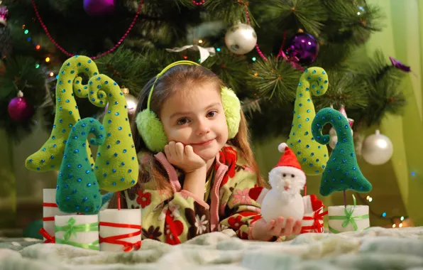 Picture decoration, holiday, toys, new year, Christmas, girl, tree, child