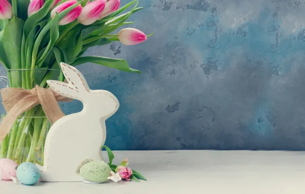 Flowers, table, holiday, eggs, bouquet, spring, rabbit, silhouette